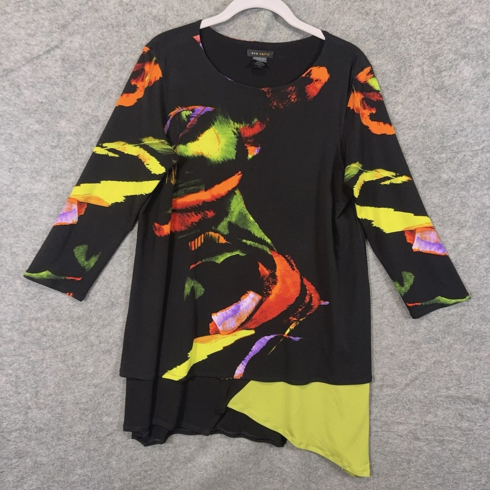 Eva Varro Tunic Blouse Top Womens Sz L Black Layered Abstract Stretch